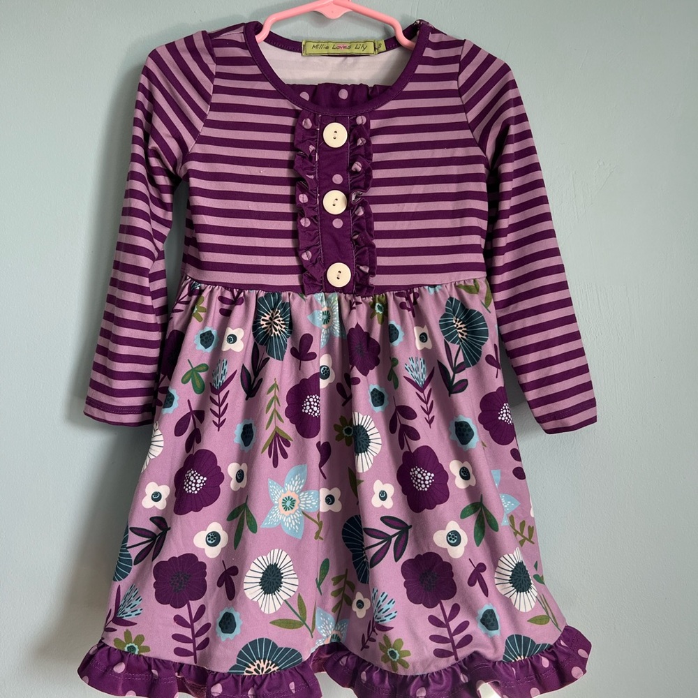 Girls Millie Loves Lily Purple Stripe & Floral Long Sleeve Knit Dress And Tights